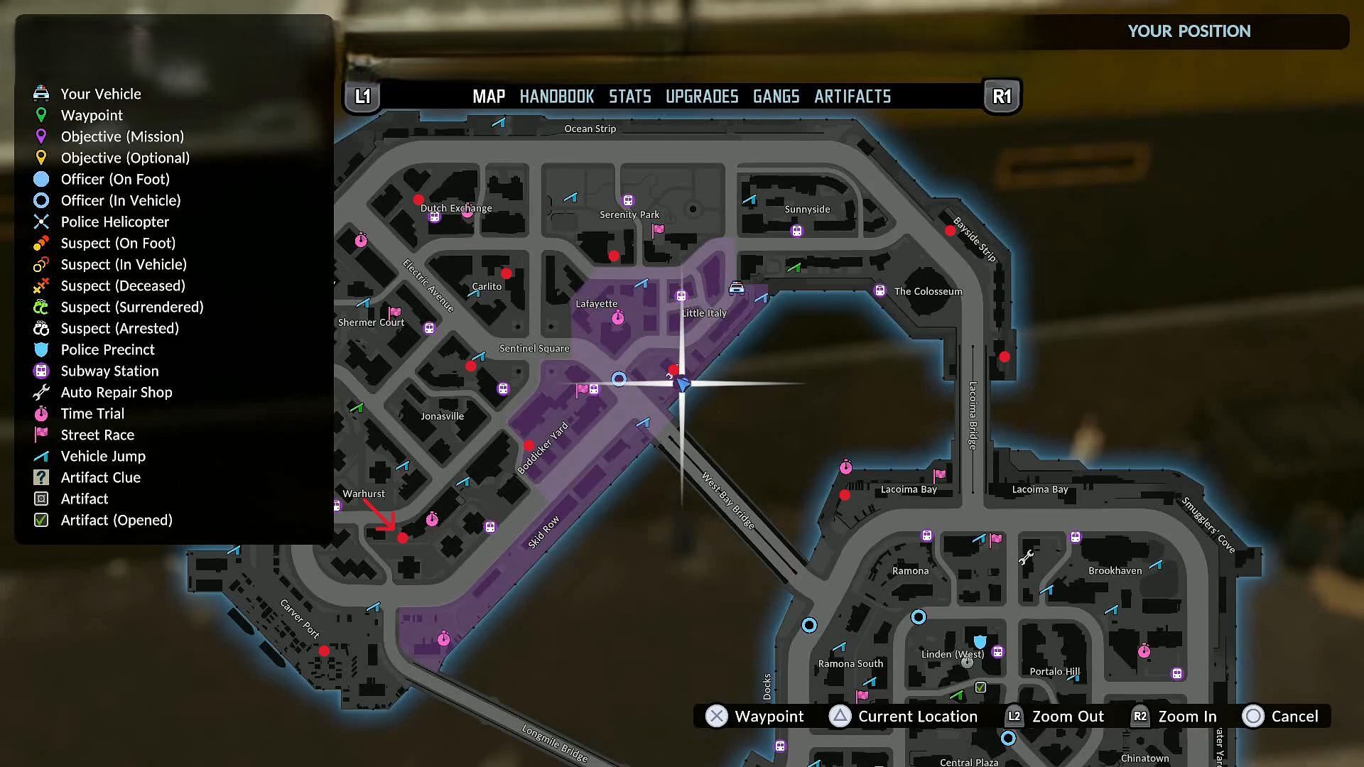 The red dots indicate locations for the North of Averno artifacts in The Precinct (Image via Kwalee//YouTube@The Hidden Object Guru)